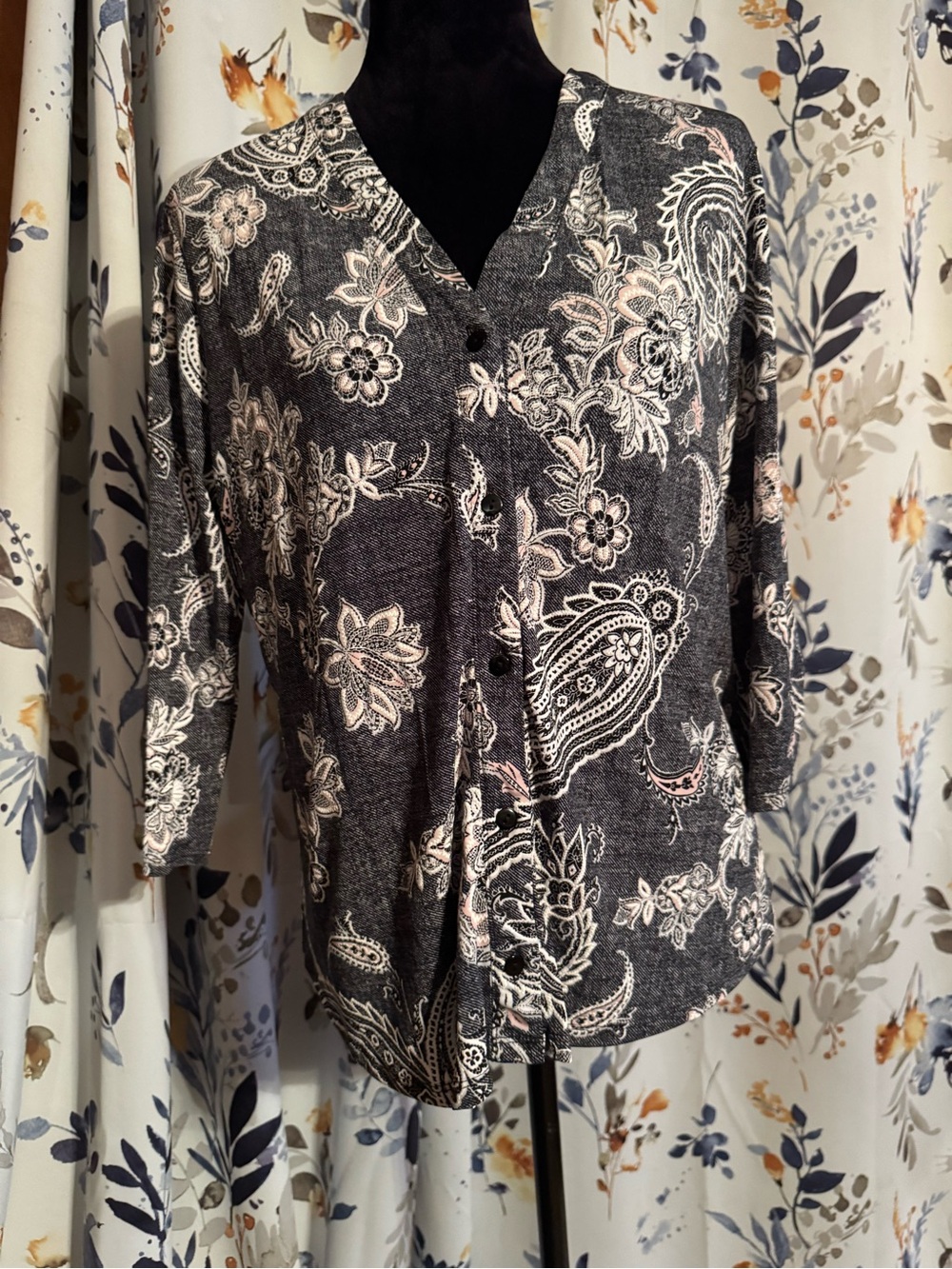 Amiana Black Paisley Button-Front Blouse with Cream Accents Size XL P C3